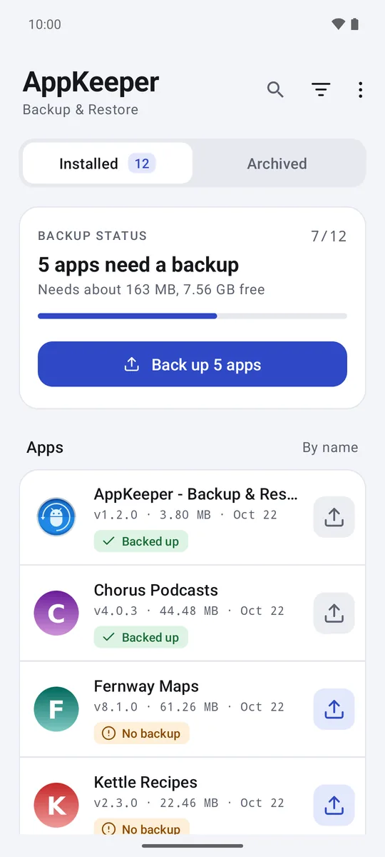 AppKeeper's Installed tab: 5 apps need a backup, with Back up 5 apps and each app's backup state