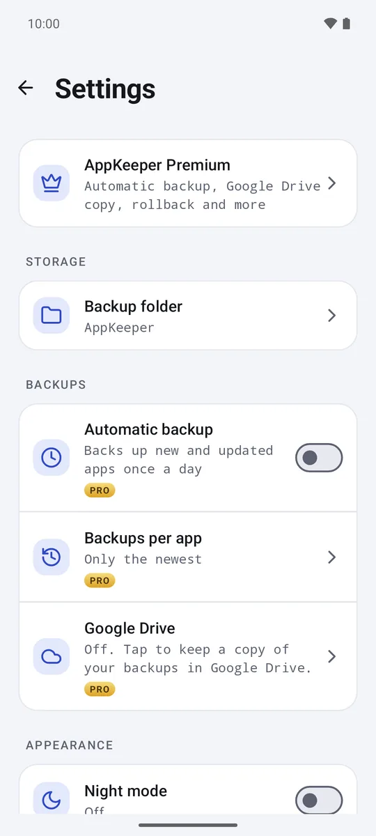 Settings with automatic backup, backups per app and Google Drive